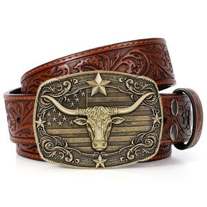 4848 Western Cowboy Belts For Men Women, Mens Western Belt Bull Buckle Country
